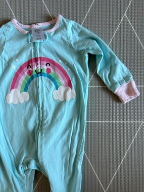 Gerber|Baby girl long sleeve onesie footies in sky blue,rainbow print•0-3M,boho